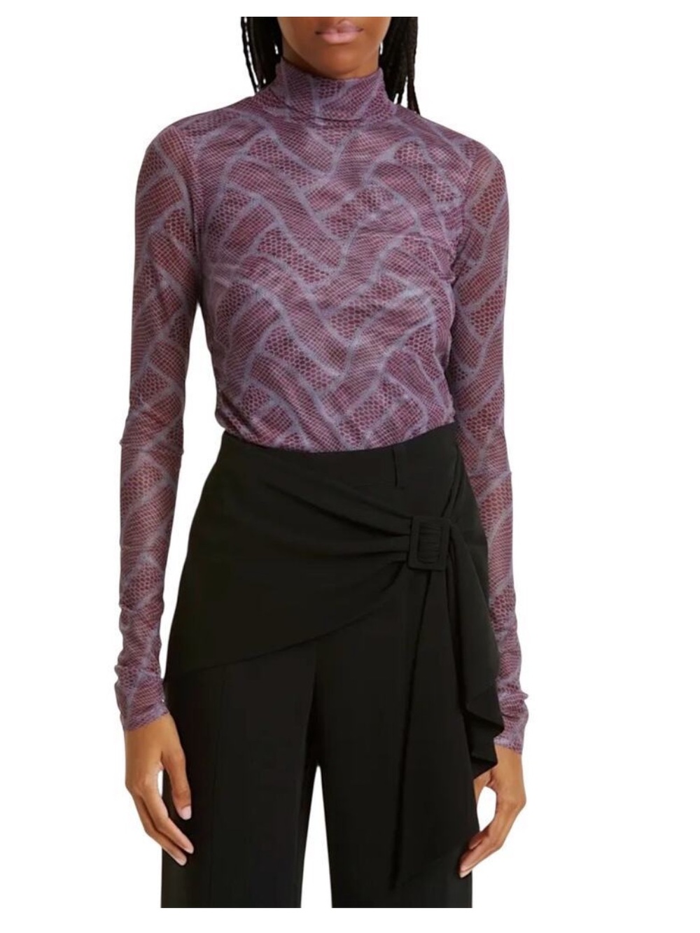 Cinq à Sept semi-sheer shirred mesh mock turtleneck top